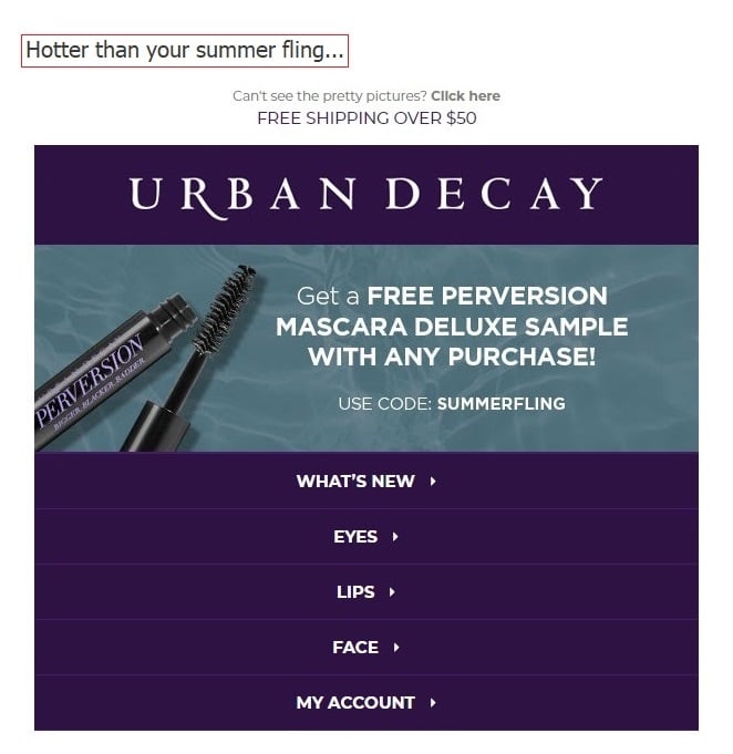 the example of Urban Decay as a chic promotion of products with dark purple and blue background