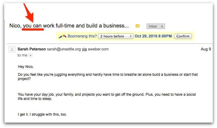 “You can” Email Subject Line Example with an email sent from Sarah to Nico 