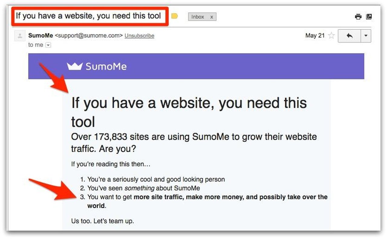 If-then subject line example of SumoMe with purple and white background