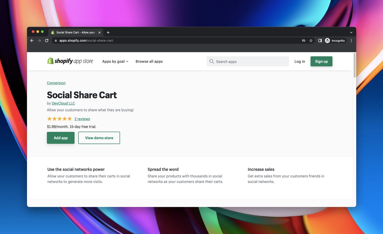 Shopify app store page of Social Share Cart, which is a Shopify social share app