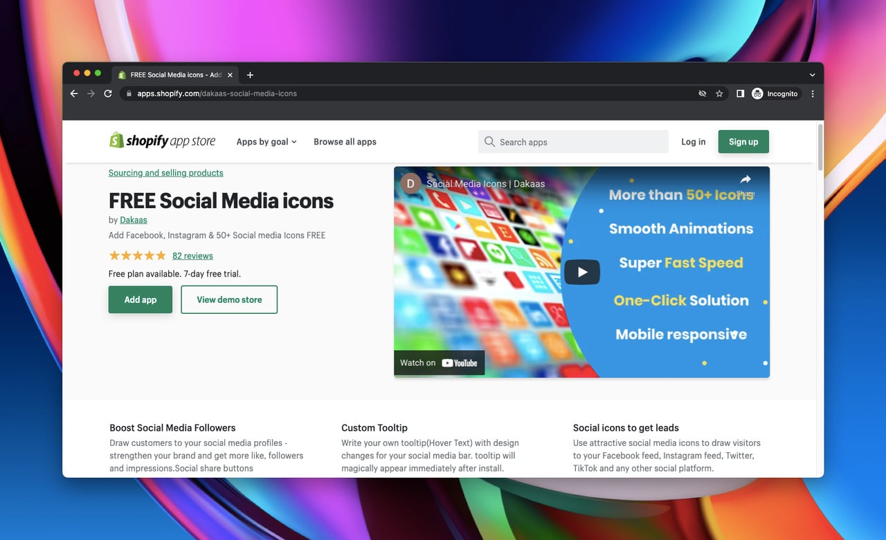 Shopify app store page of Free Social Media Icons, which is a Shopify social share app