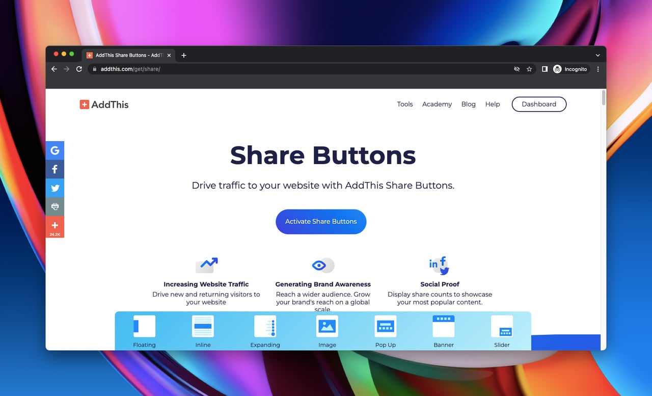 home page of AddThis Share Buttons, which is a Shopify social share app