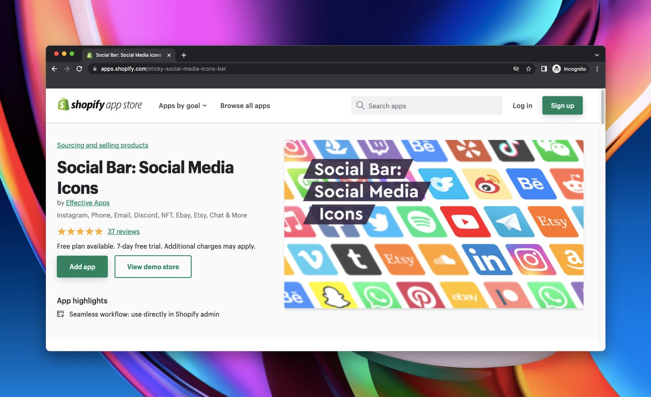 Shopify app store page of Social Bar Social Media Icons, which is a Shopify social share app