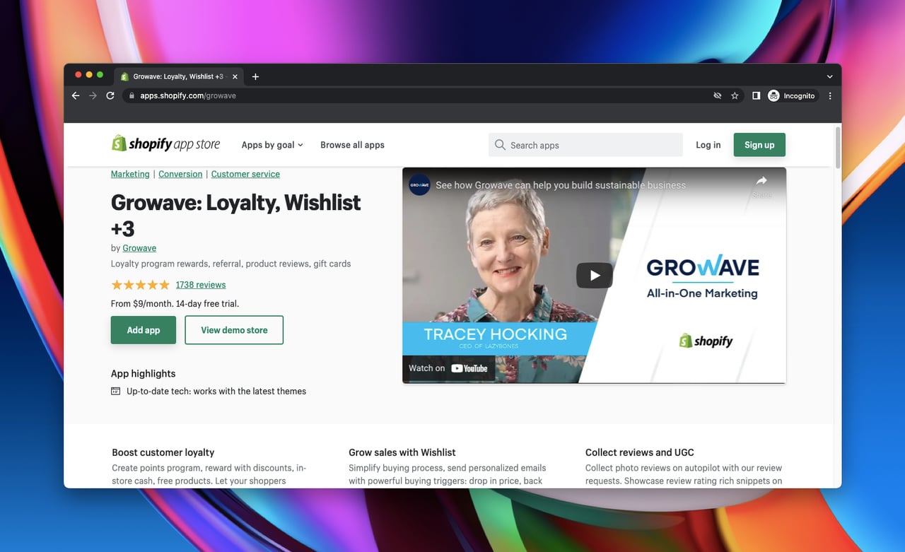 Shopify app store page of Growave, which is a Shopify social share app