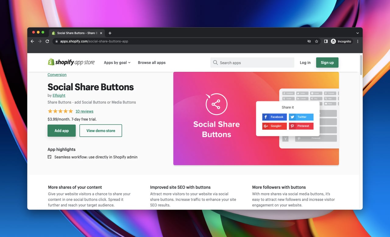 Shopify app store page of Social Share Buttons by Elfsight, which is a Shopify social share app