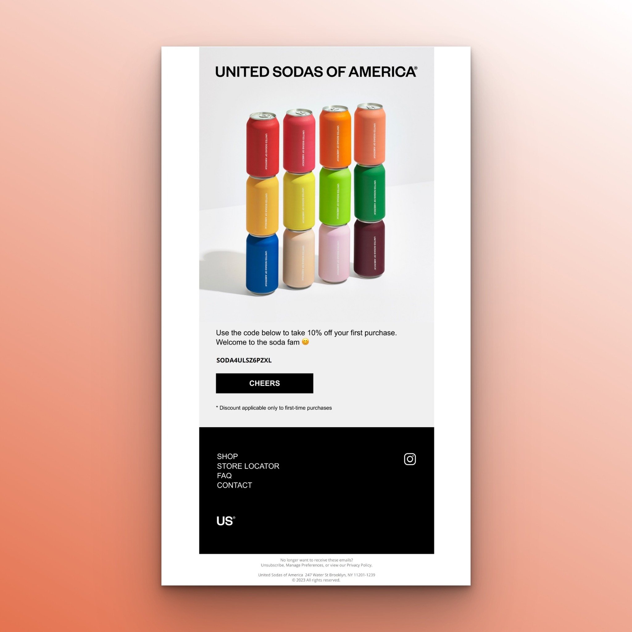 United Sodas of America’s discount code email example that displays the special discount offer