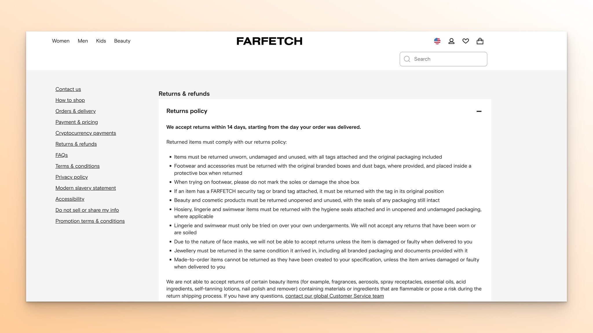 Farfetch’s return and refund policy page example