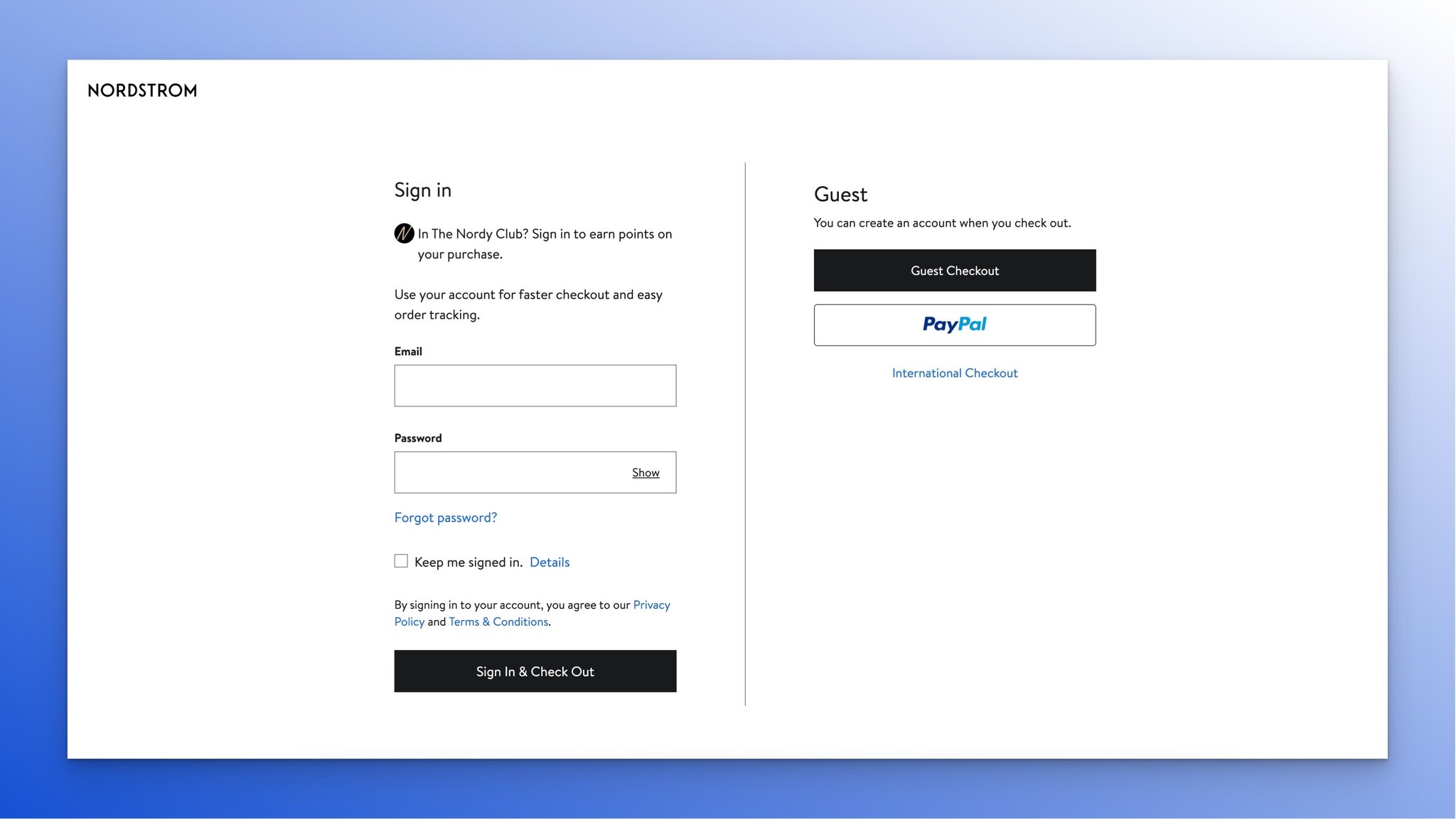 Nordstorm’s guest checkout option example