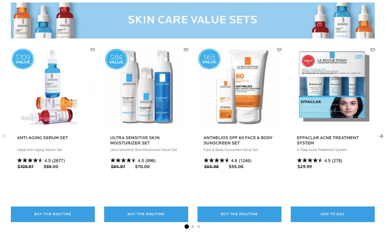 La Roche Posay's product bundling example of skin care value sets