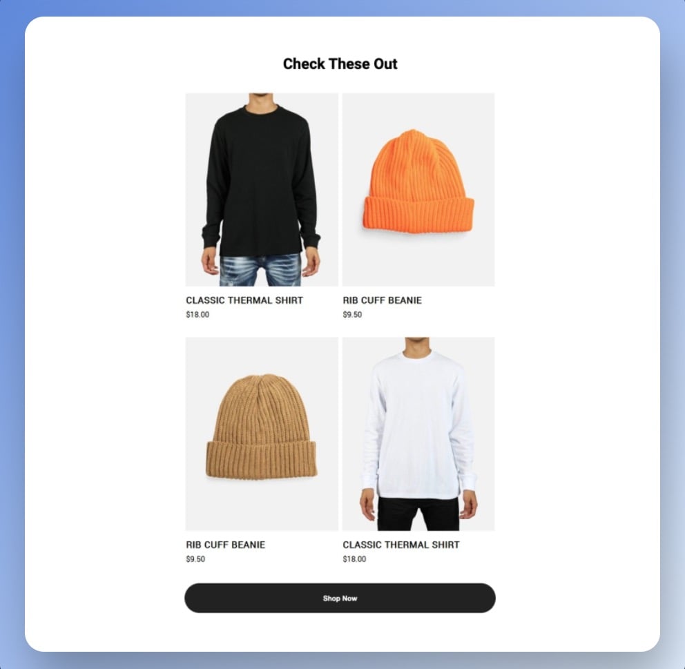 DTLR product recommendation email example with a title that says "check these out" and different product images such as colorful hats and a black and a white shirt