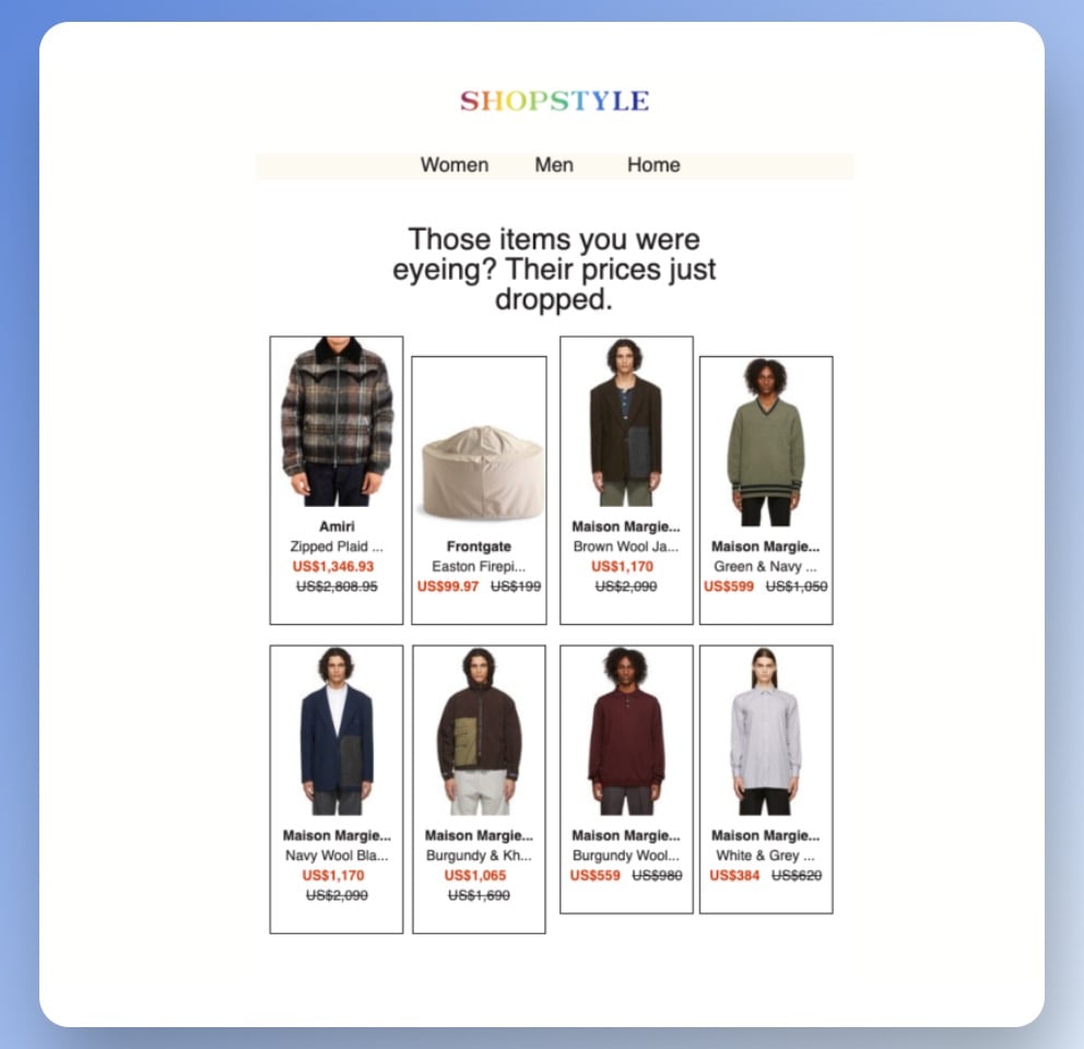 ShopStyle price drop email example displaying different products from hats to sweatshirts and other streetwears with a discounted price