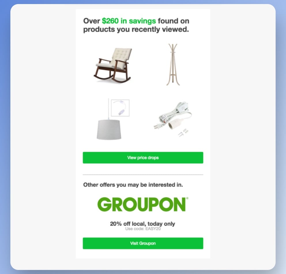 WikiBuy price drop email example displaying home furnitures such as lamp and chairs with a discounted offer