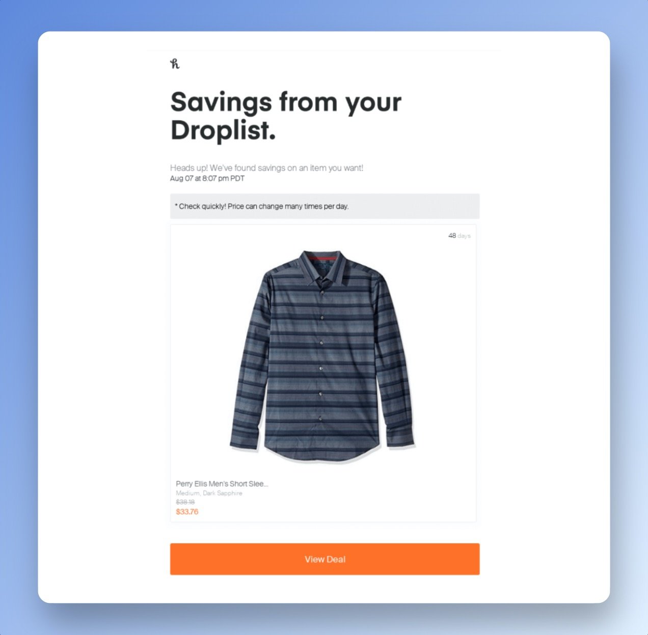 PayPal Honey platform's price drop email example with a long sleeve shirt on sale with an orange call to action that says "view deal"