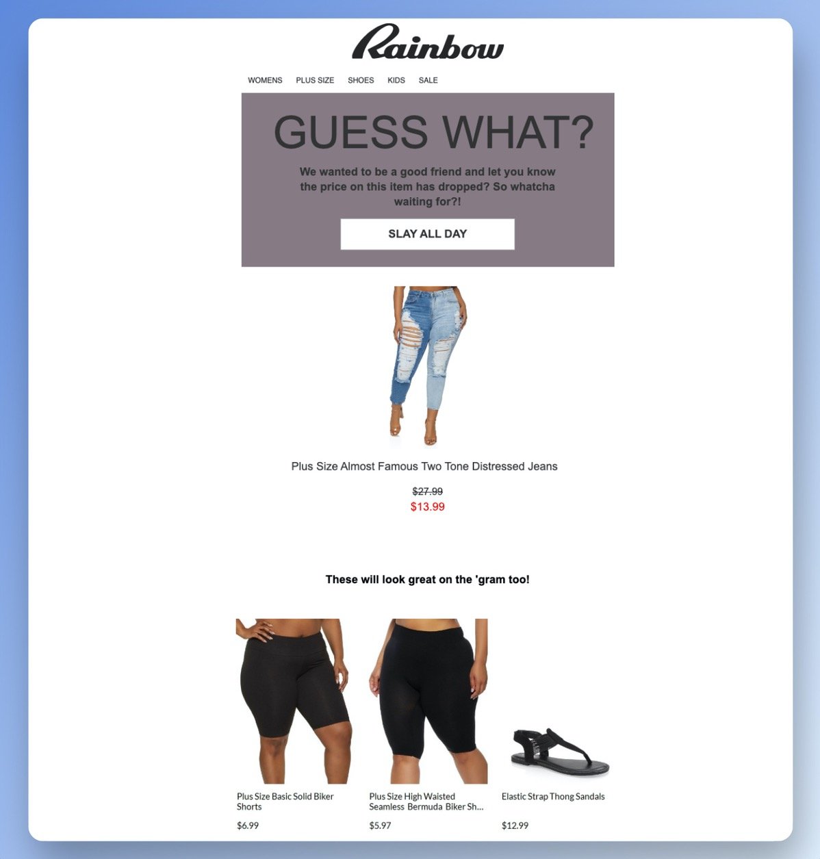 Rainbow price drop email example offering plus size jeans with a discounted price