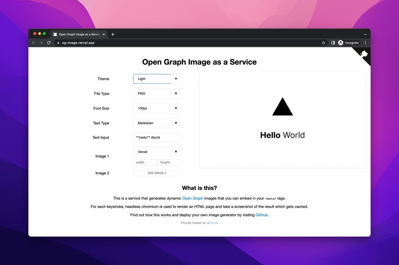 Vercel OG Image generator page showing the tools features