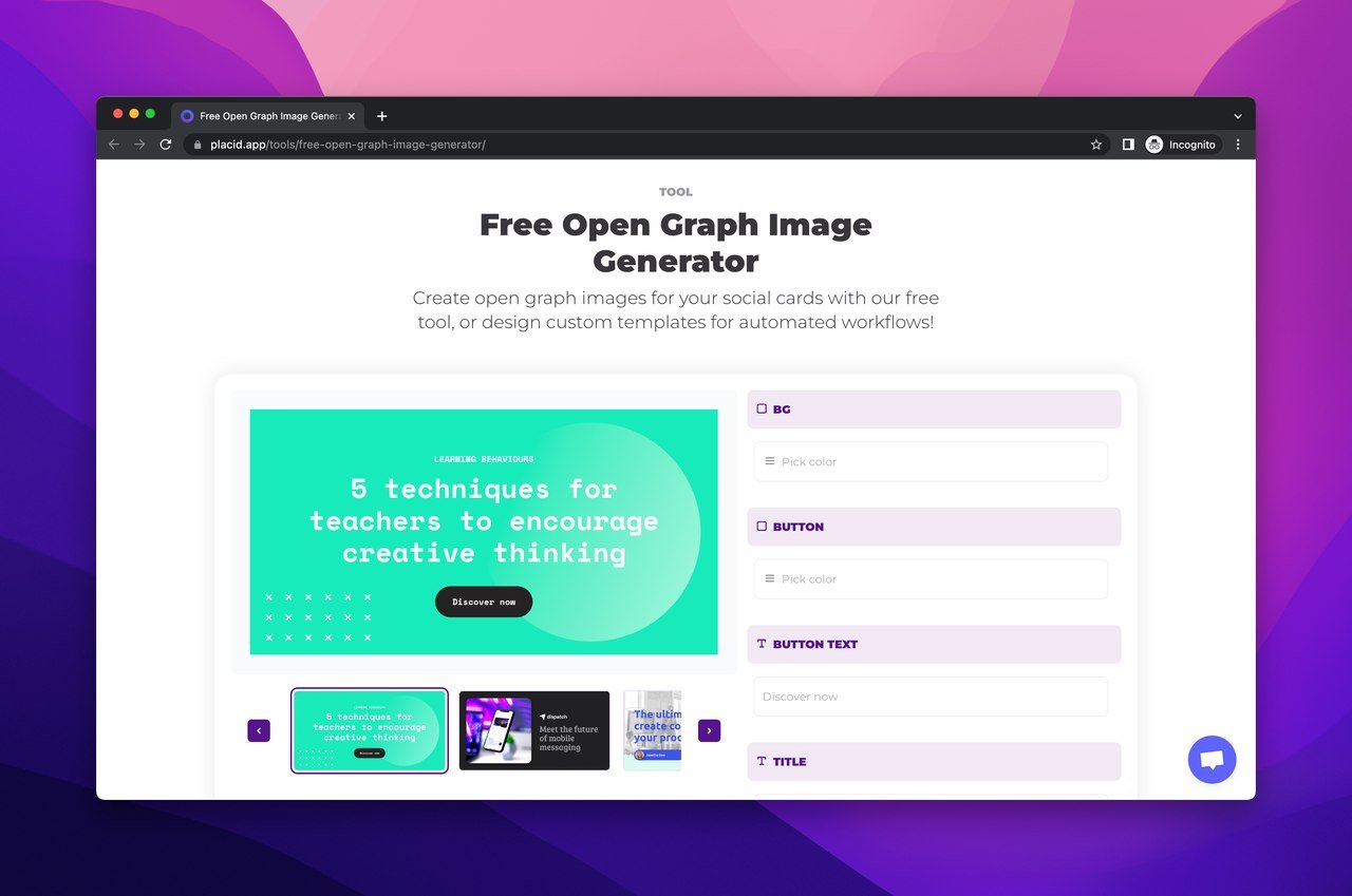 Placid software homepage with atitle that says "Free Open Graph Image Generator"