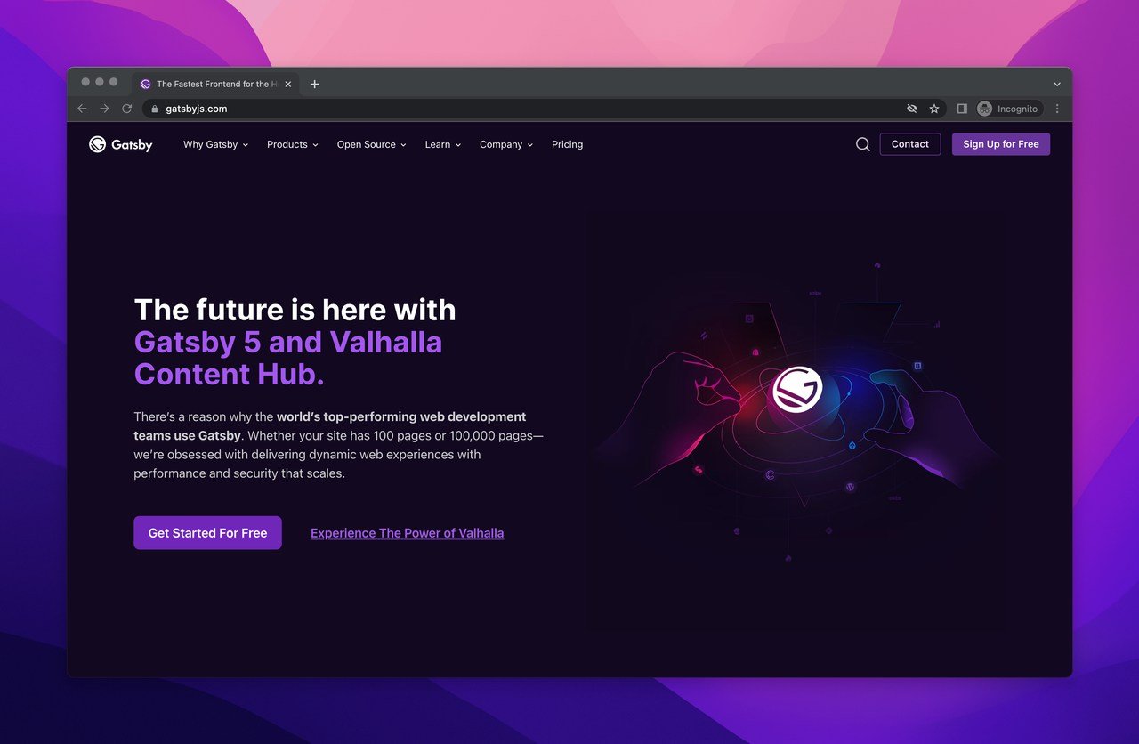 Gatsby software homepage with a text that says "The future is here with Gatsby 5 and Valhalla Content Hub"