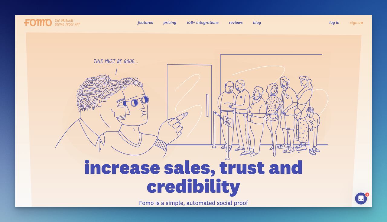 FOMO webpage on an orange background with two figures showing a crowd as an example of testimonials