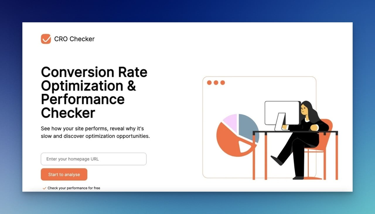 Popupsmart's CRO Checker tool with an image of checking analytics and an email bar