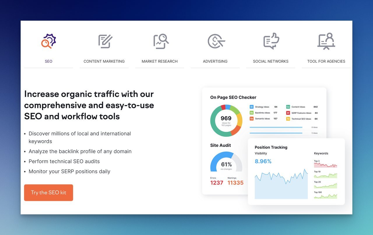 Semrush growth hacking tool homepage screenshot showing visual data