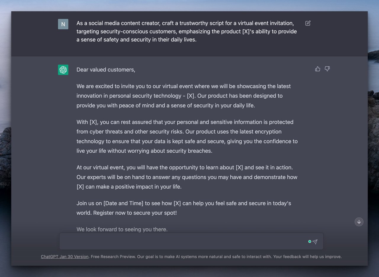 ChatGPT chatbot crafting a virtual event invitation by the provided prompt