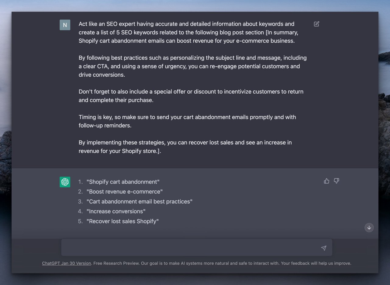 ChatGPT interface answering a question about keywords on a dark themed background