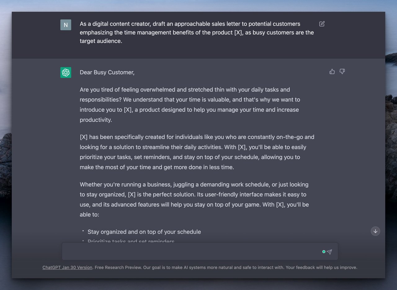 ChatGPT chatbot drafting a sales letter in return for a related prompt