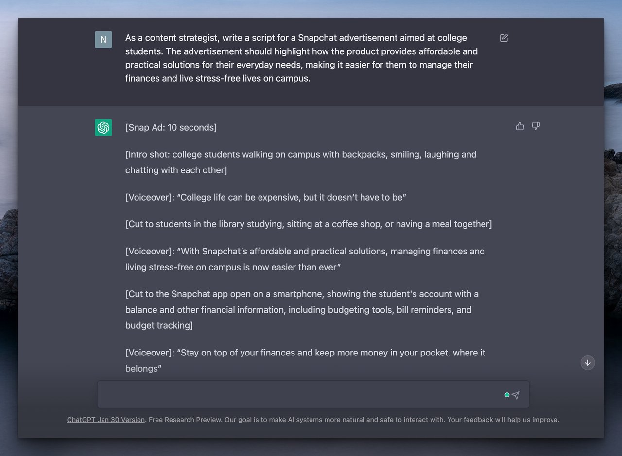ChatGPT chatbot writing a Snapchat ad script according to a promptSnapchat-advertisement
