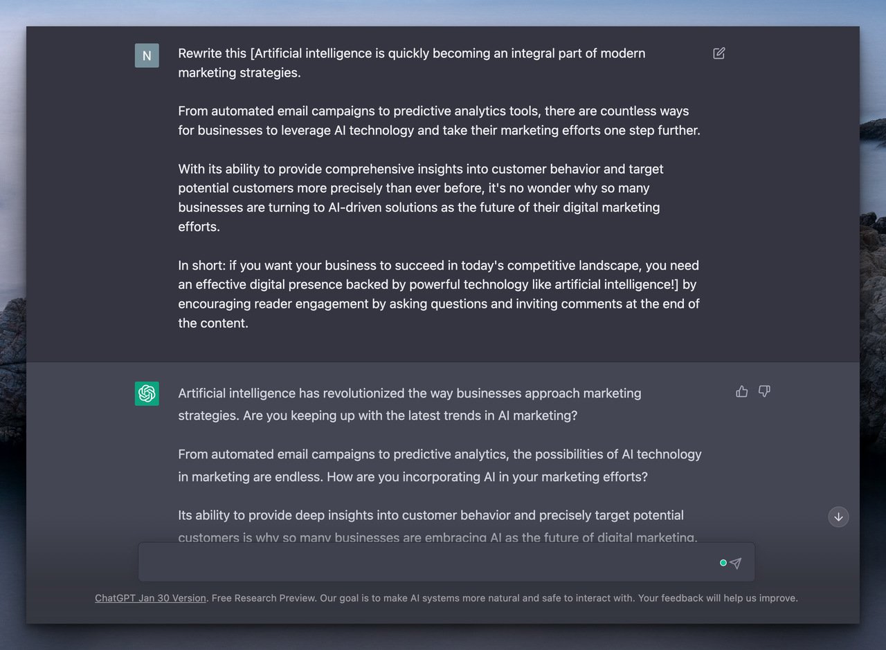 ChatGPT chatbot rewriting a piece of content according to a prompt provided on a dark background