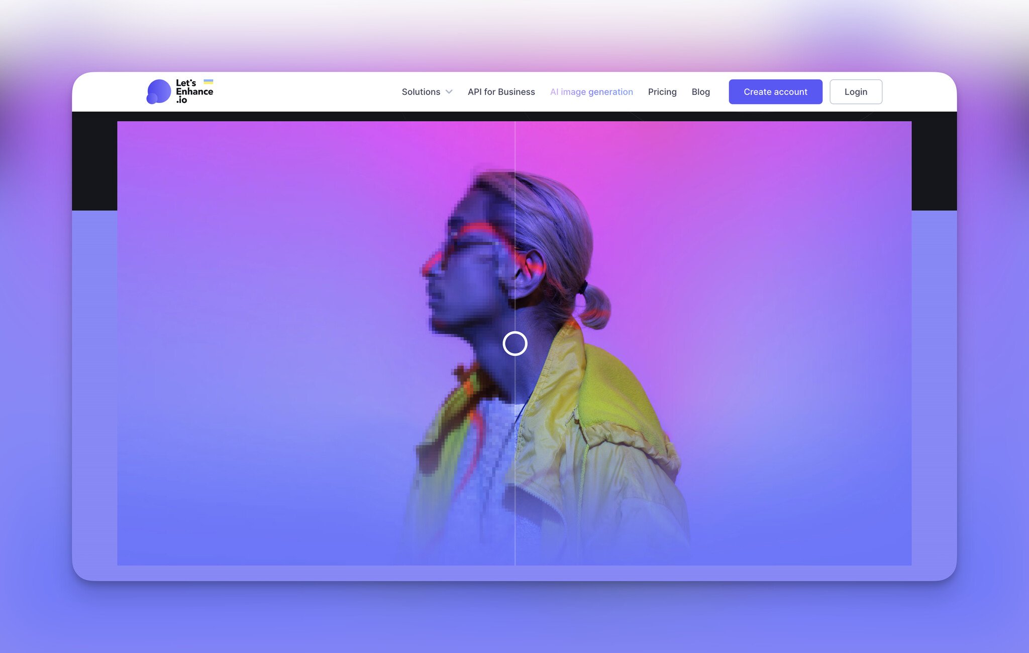 Let's Enhance's homepage with a person's photo on a pink/purple gradient background, half blurred