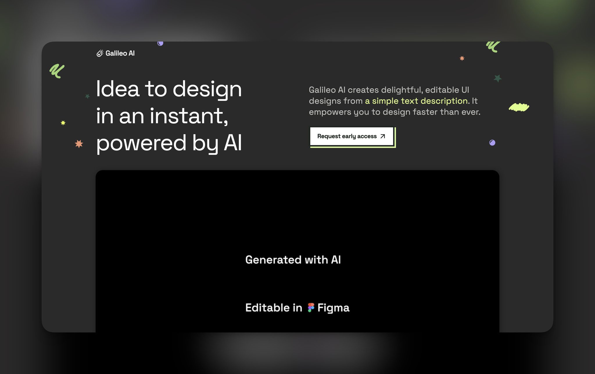 Galileo AI's homepage with the headline on the right followed by a window written "Generated with AI, Editable in Figma"