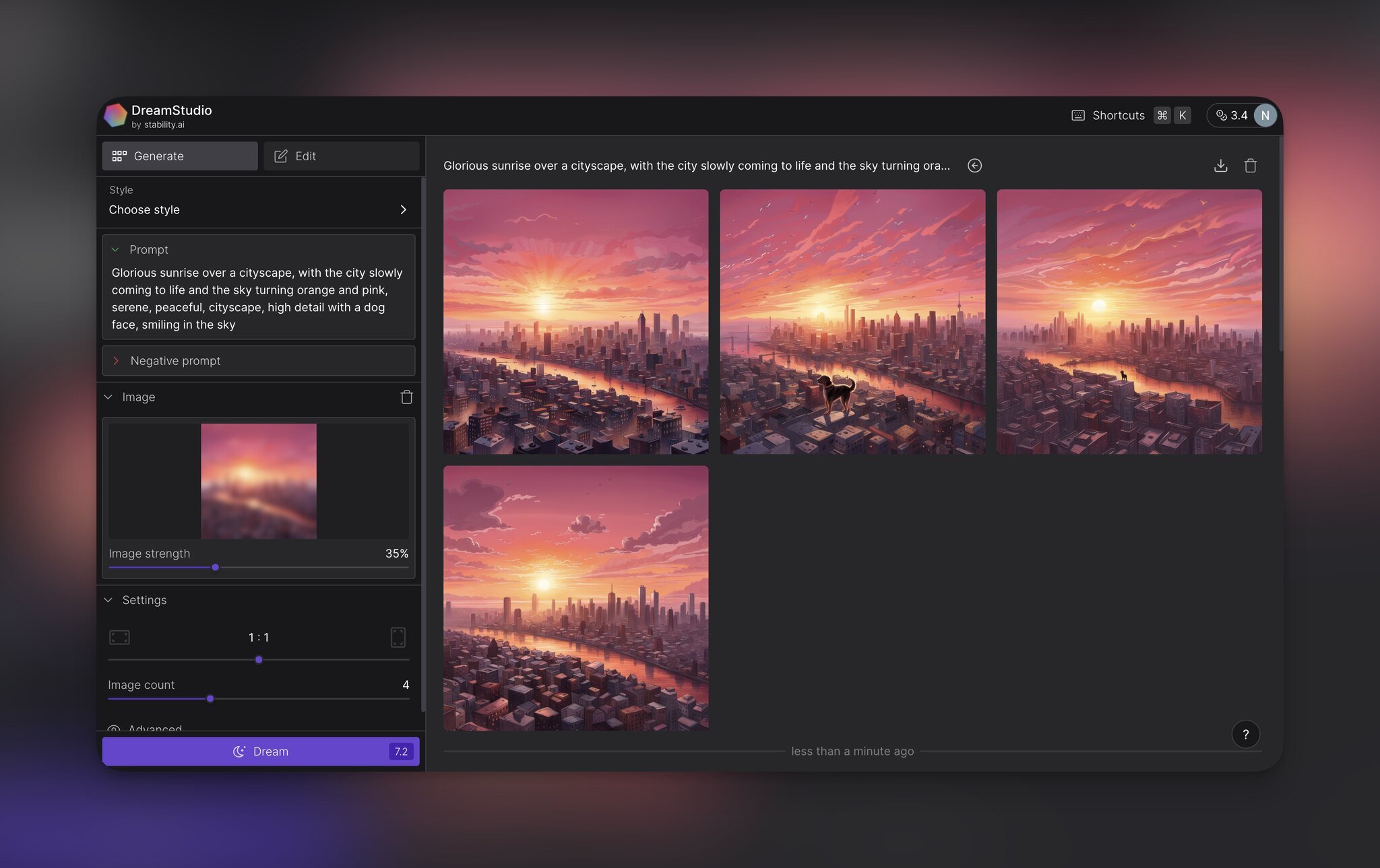 Dreamstudio editor interface with the settings part on the left-hand panel and 4 images of a city view at sunset on the right