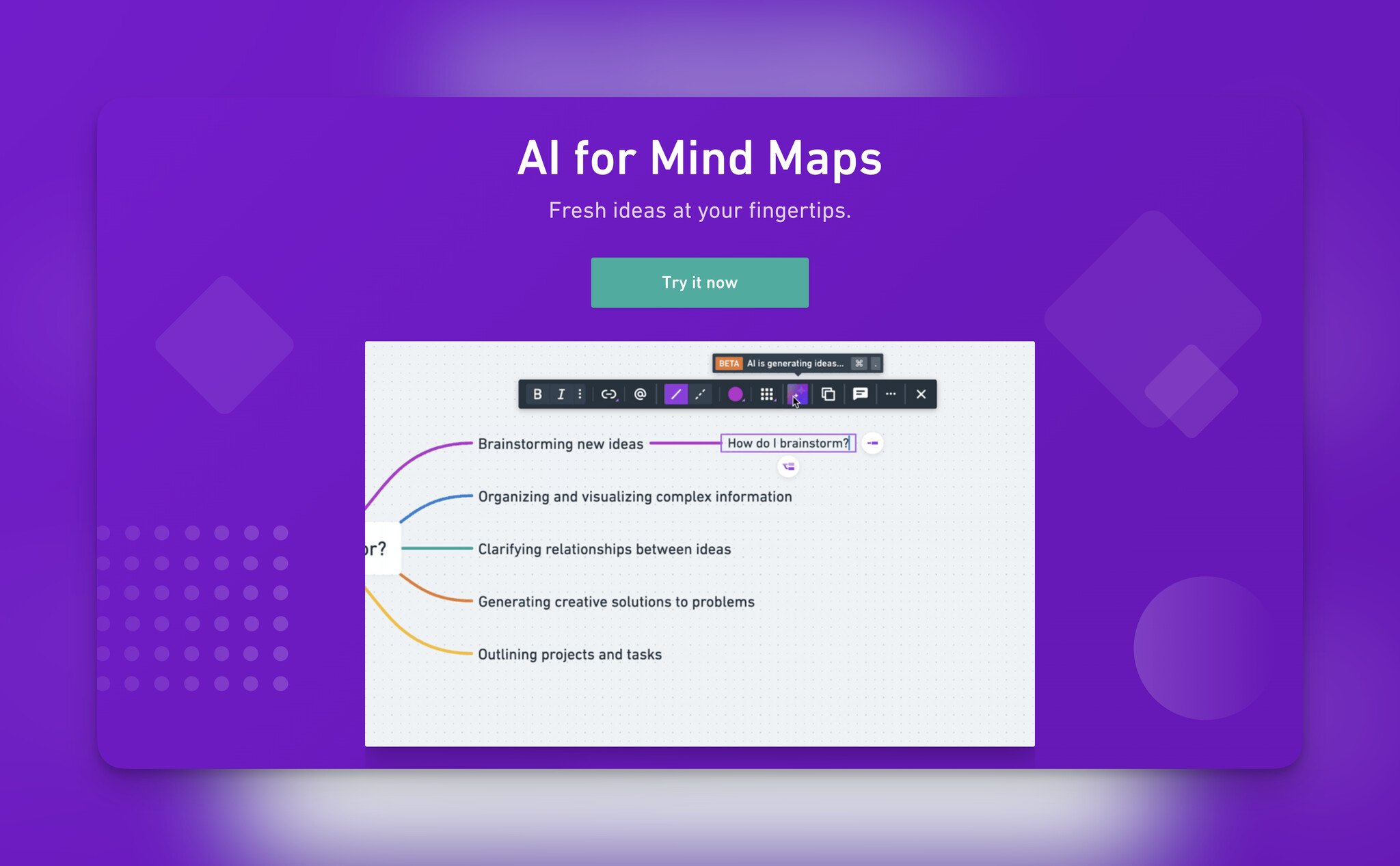 Whimsical AI's homepage with "AI for Mind Maps" headline on top followed by a green button to try and a preview window of the tool below