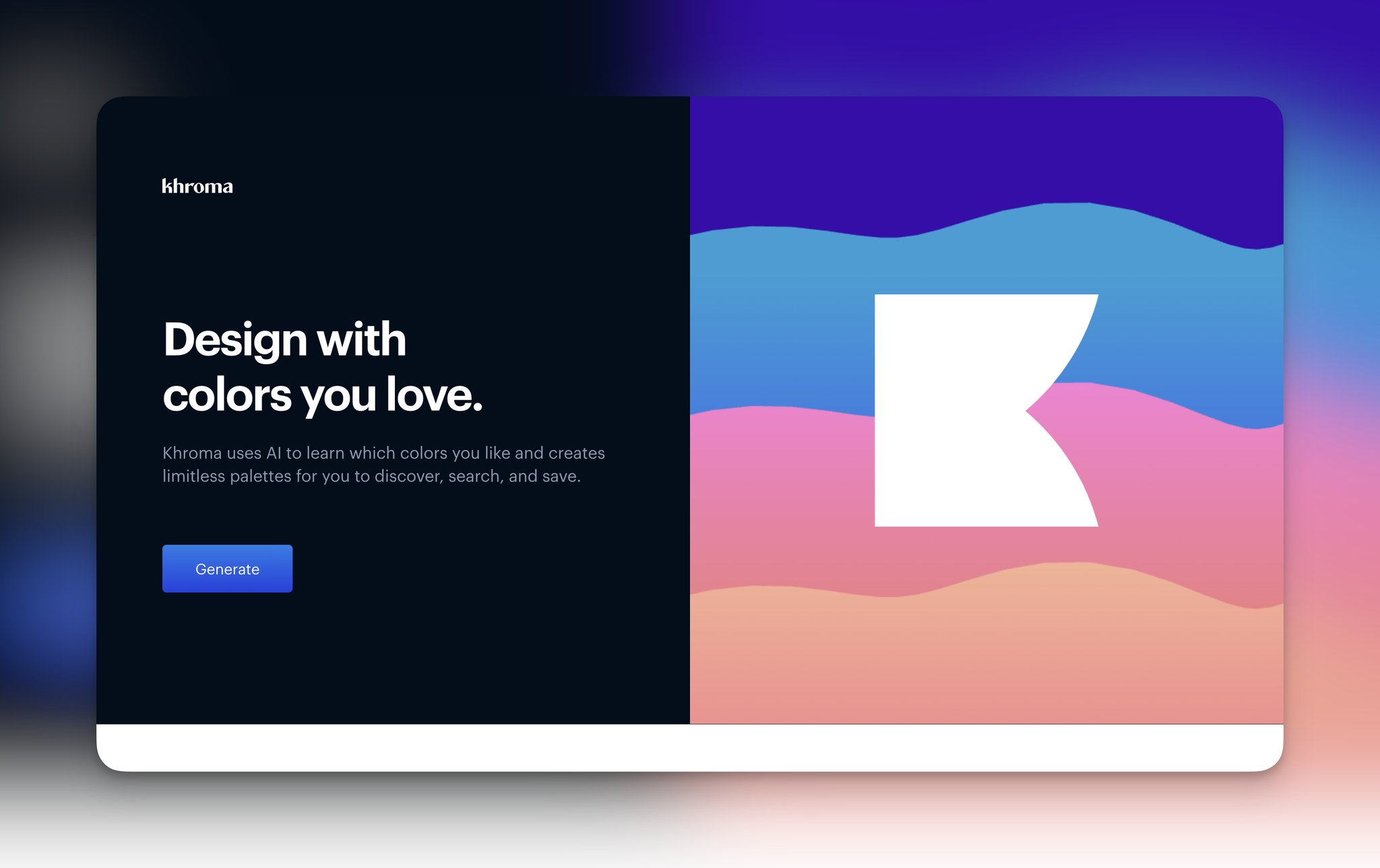 Khroma's homepage with the headline on the left followed by a blue "Generate" button and on the right, there is the Khroma logo on a pastel colored background 