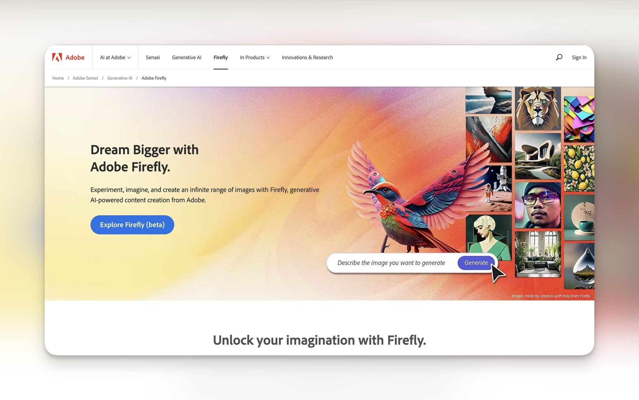 Adobe Firefly's homepage with the text on the left and a bird illustration along with several images on the right