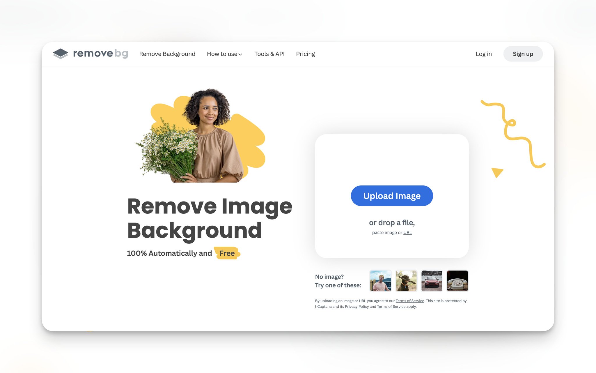 RemoveBG's homepage with a female holding flowers on the left and on the right, there is a "Remove Background" window