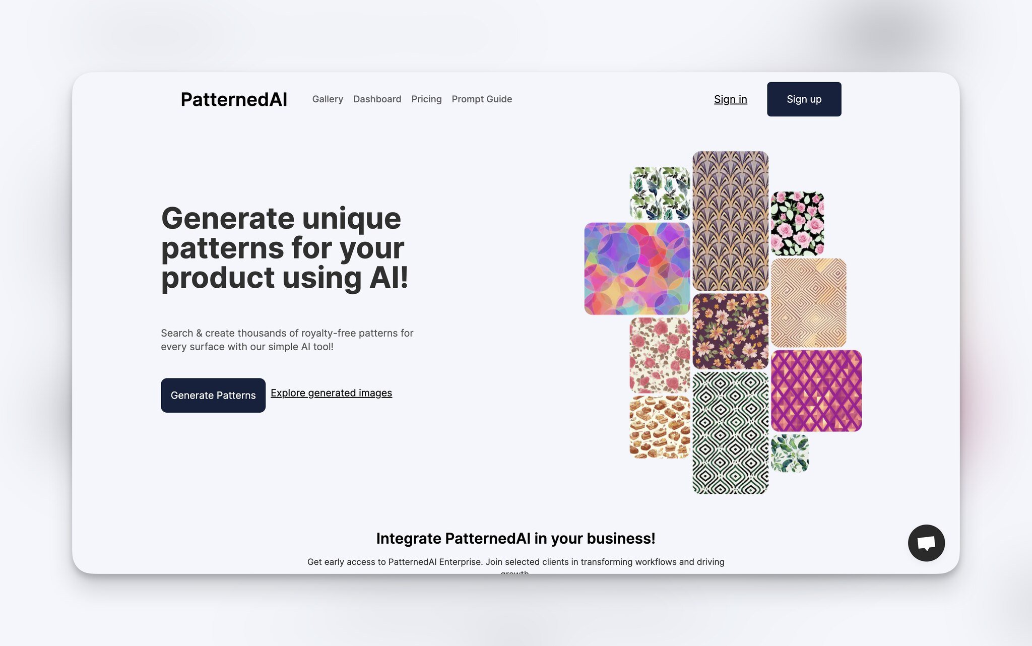 Patterned AI's homepage with the headline and a short text on the left and on the right, there are frames of different patterns