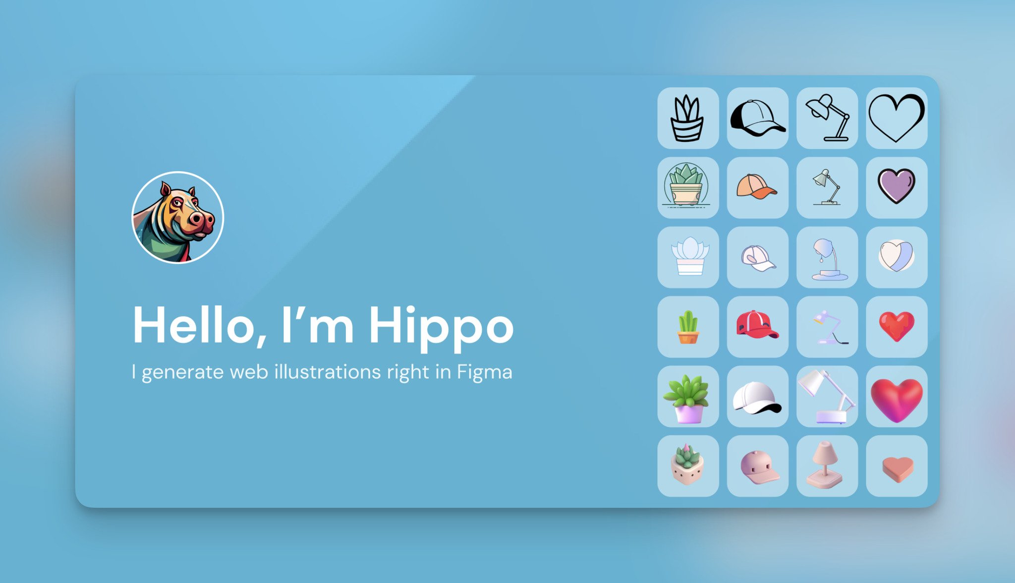 Hippo's homepage with the logo and "Hello, I'm Hippo" text on the left and on the right, there are different icons like hearts and potted plants