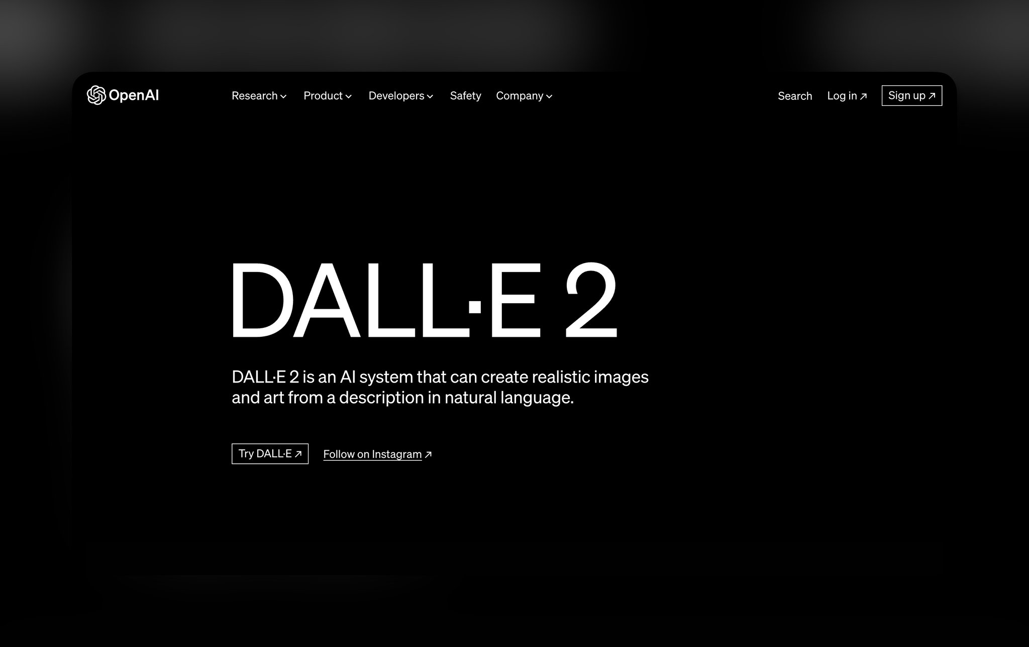 Dall-e 2's homepage with the bold headline in the center followed by a short text and "Try Dall-E 2" button below