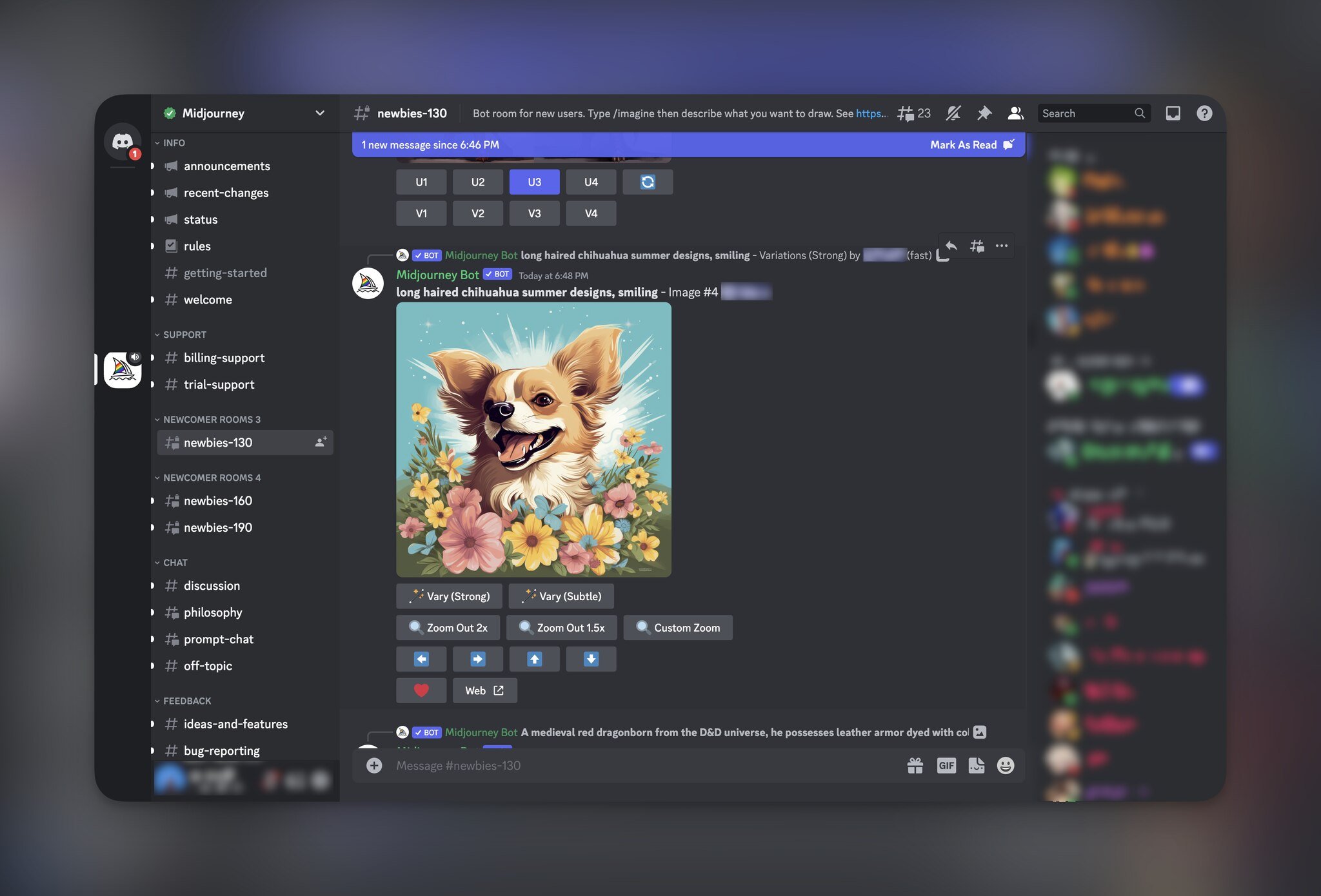 Midjourney server on Discord with a dog illustration with flowers visible in the center and there are channel names on the left-hand panel