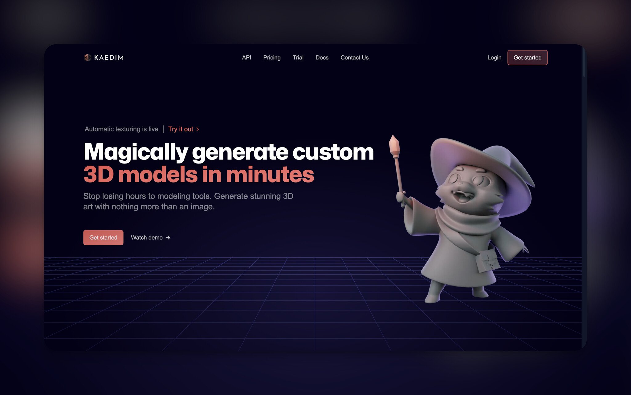 Kaedim's homepage with the headline on the left and on the right, there is a 3d cat holding a wand, wearing a hat like a wizard