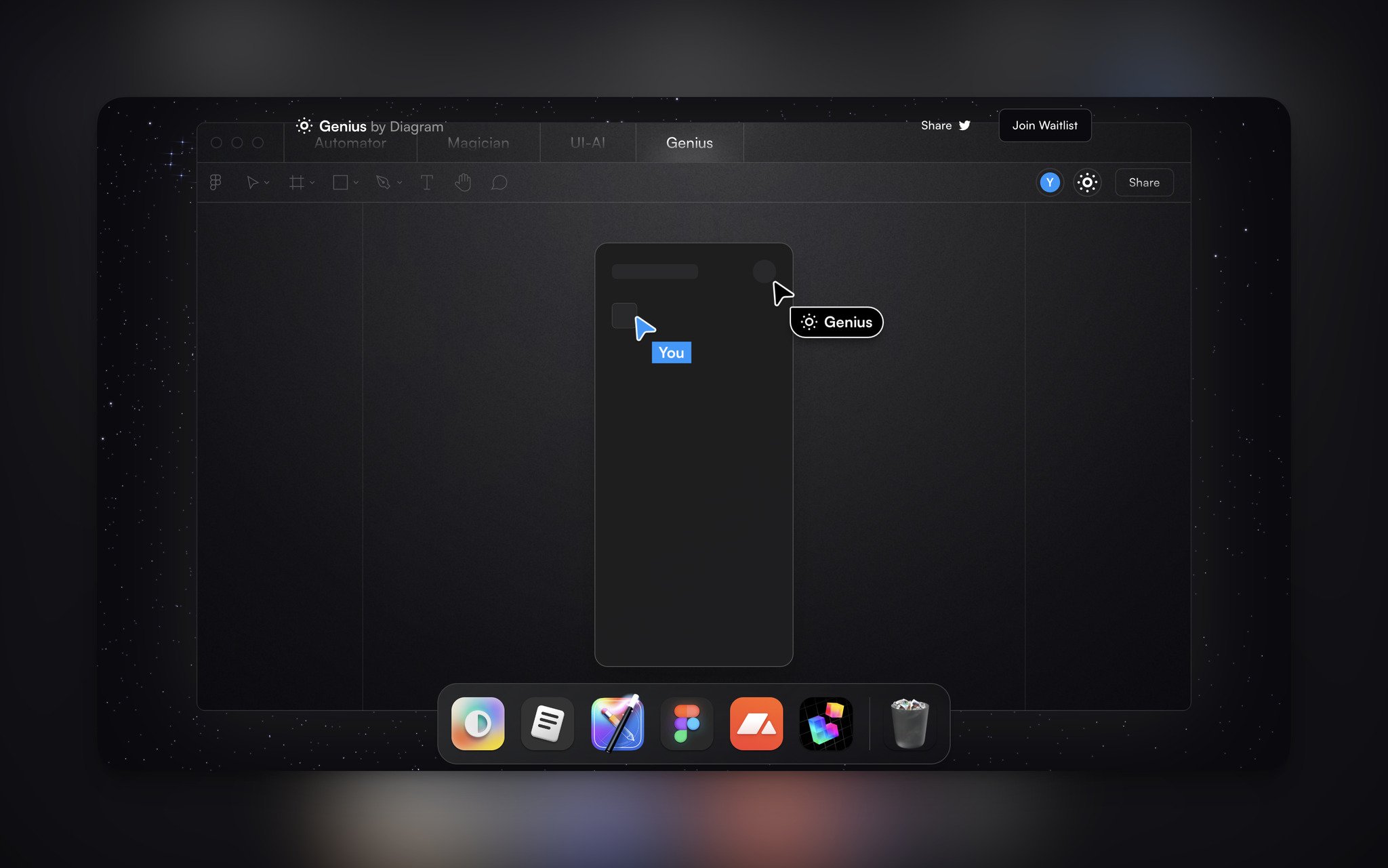 Genius by Diagram's homepage with the product interface on a dark background with different tool icons below