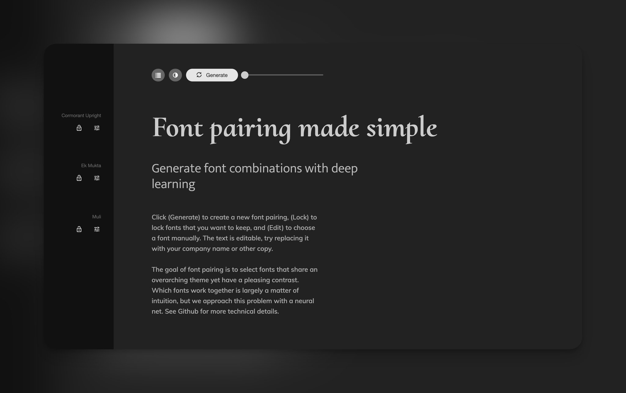 Fontjoy's homepage with the product interface showing texts in different fonts on a dark background