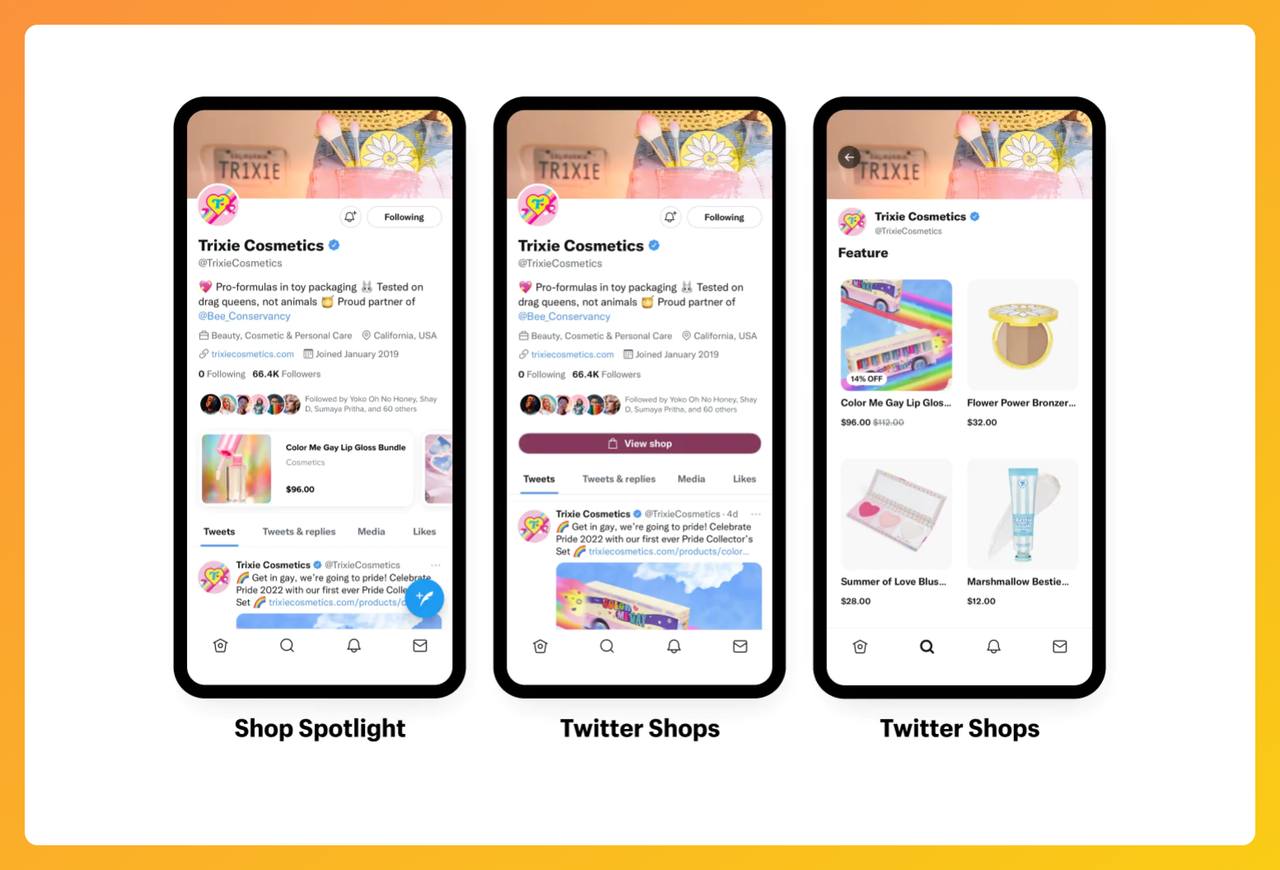 a screenshot of mobile vesrion of Twitter account of trixie cosmetic showing different way to highlight products: The Shop Spotlight or Twitter Shops to showcase products with Shopify and Twitter integration