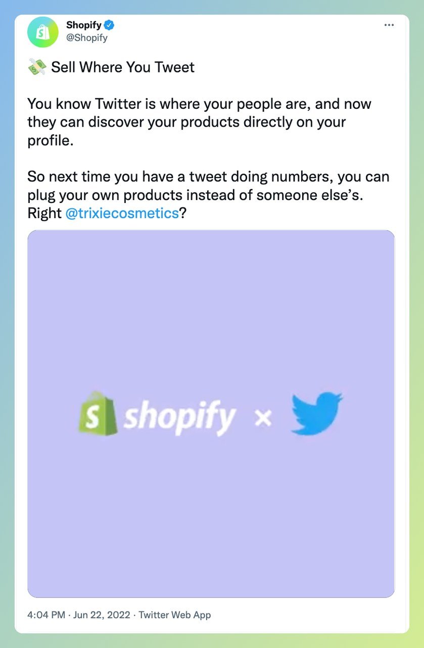 a screenshotg of Shopify tweet about Twitter Shop integration