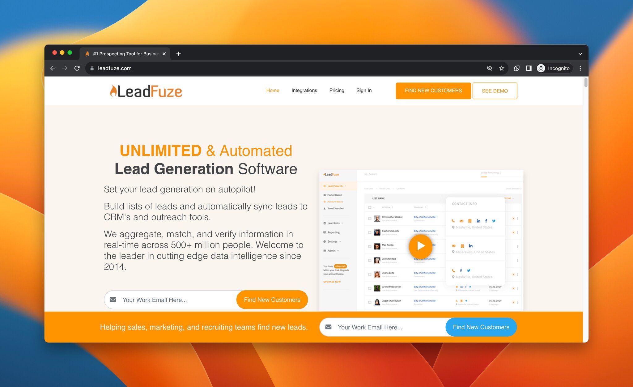 a screenshot of the landing page of Leadfuze, AI lead generation tool