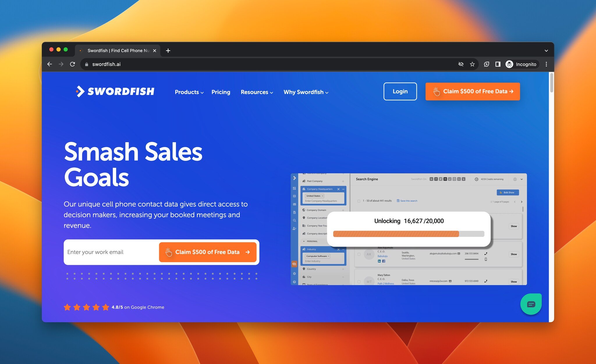 a screenshot of the landing page of Swordfish, AI lead generation tool