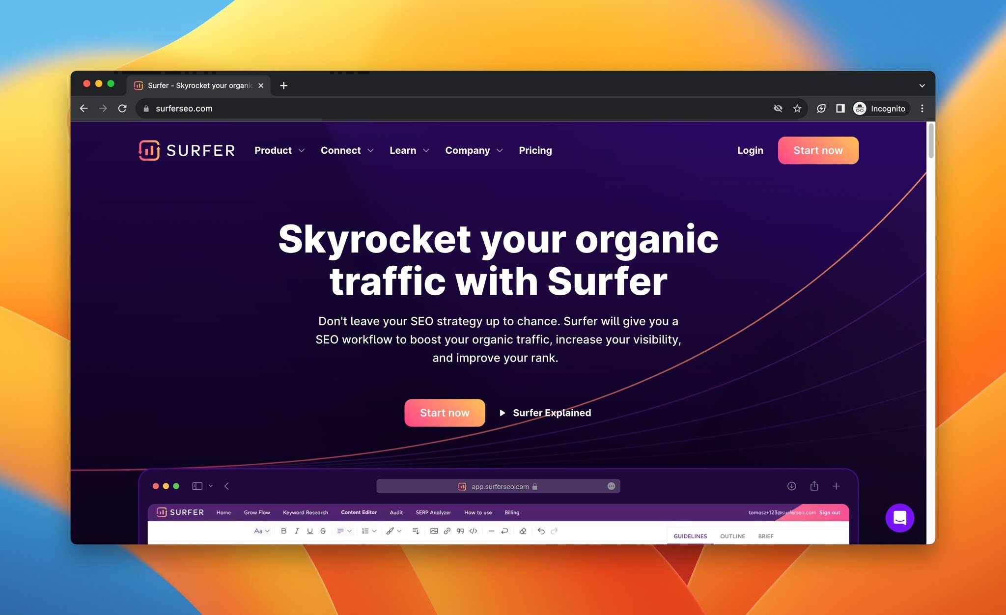 a screenshot of the landing page of Surfer SEO, AI lead generation tool