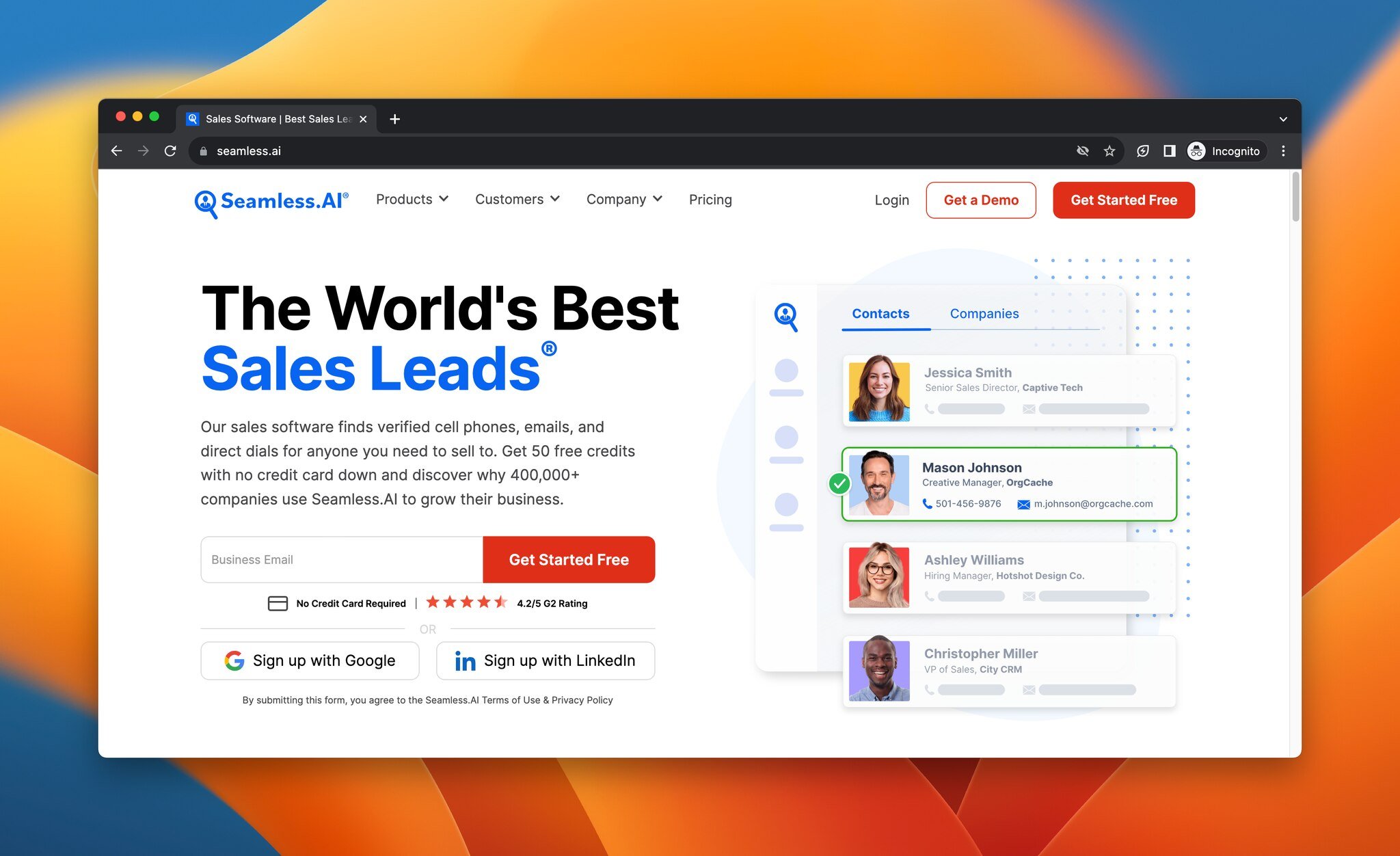 a screenshot of the landing page of Seamless.ai, AI lead generation tool