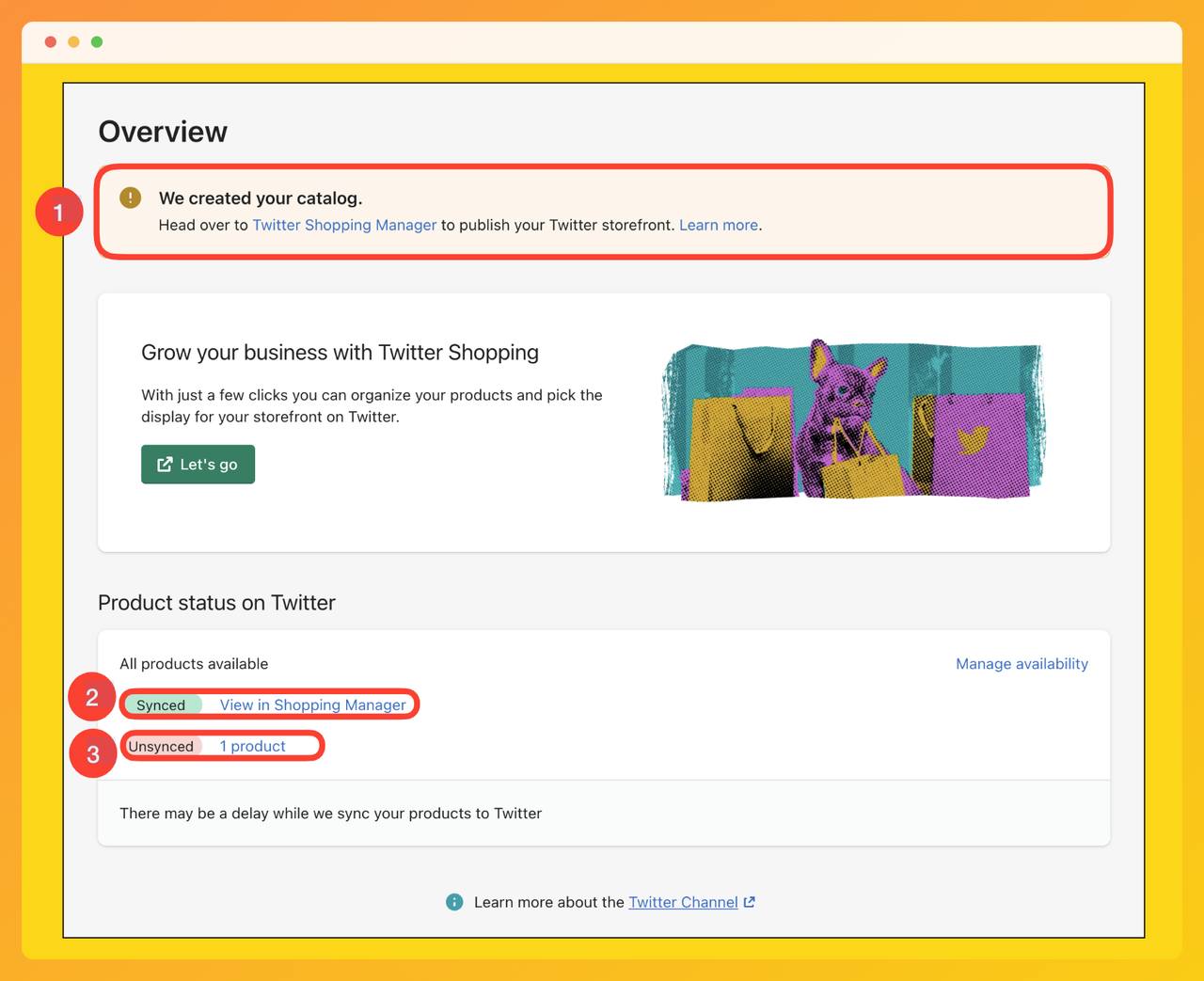 a screenshot of step five Twitter Shopify integration process overview page